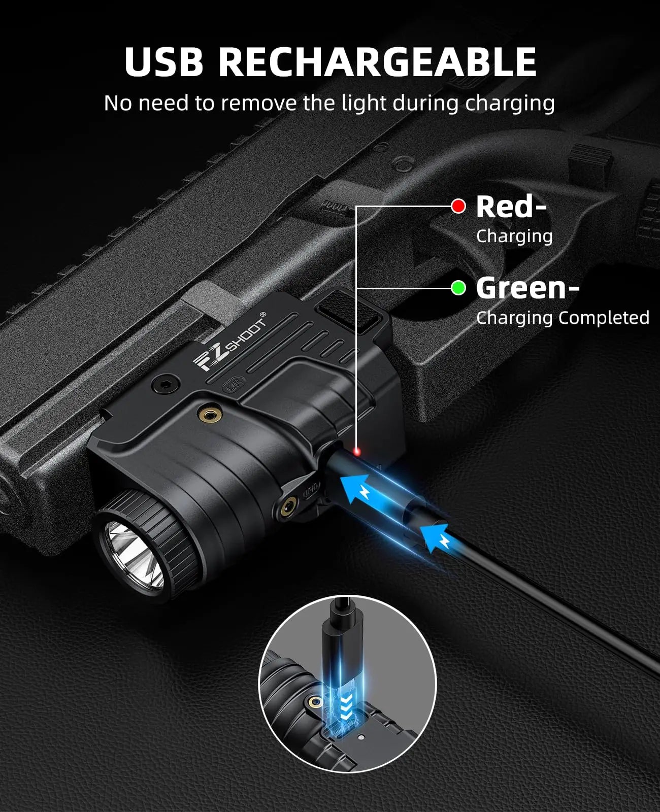 800 Lumens Pistol Light Green  Laser Combo Rechargeable Flashlight and Picatinny Rail