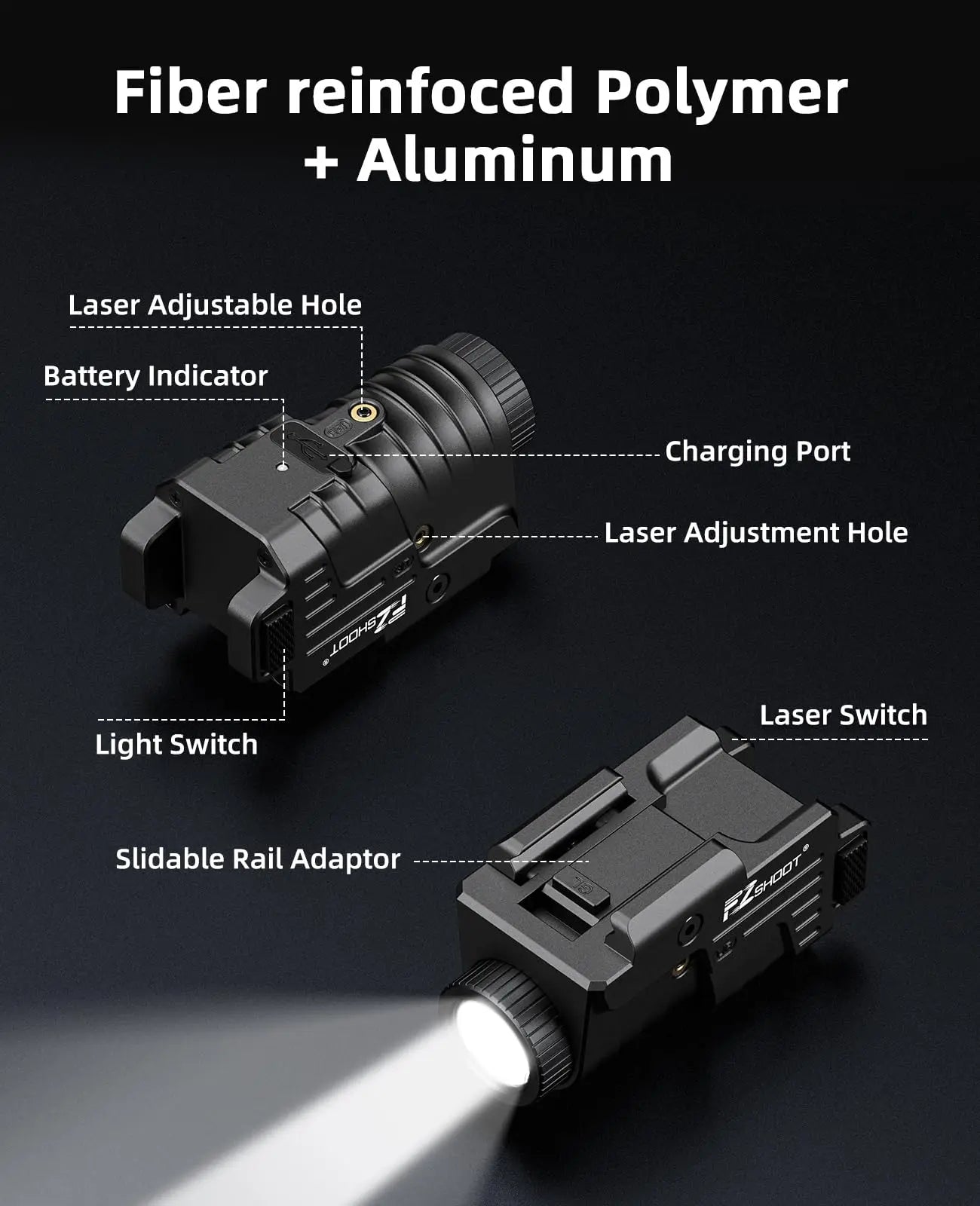 800 Lumens Pistol Light Green  Laser Combo Rechargeable Flashlight and Picatinny Rail