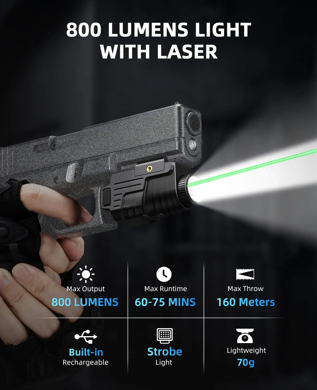 800 Lumens Pistol Light Green  Laser Combo Rechargeable Flashlight and Picatinny Rail