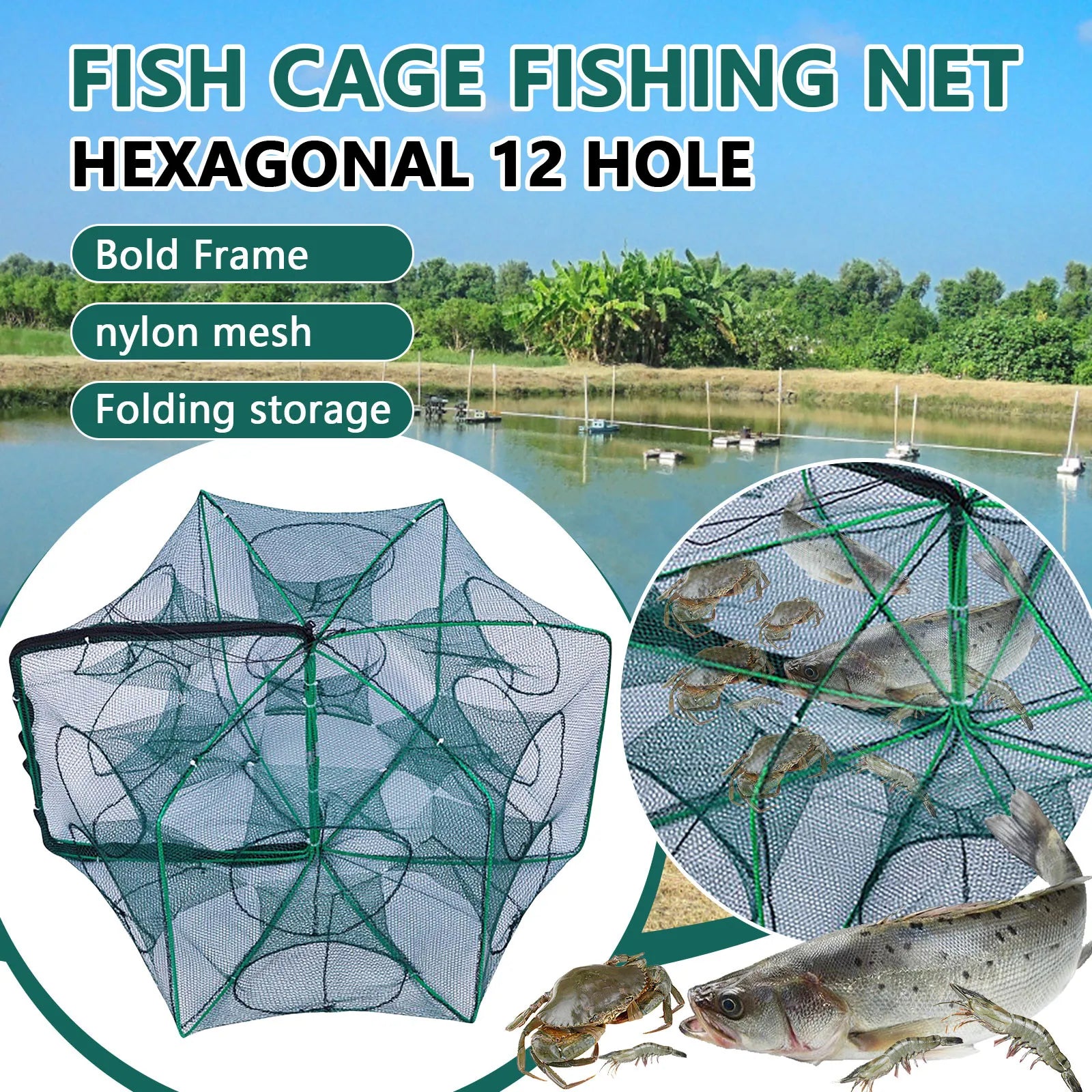 Folding fish cage trap fishing tool kit fish shrimp crayfish crab fishing net nylon material