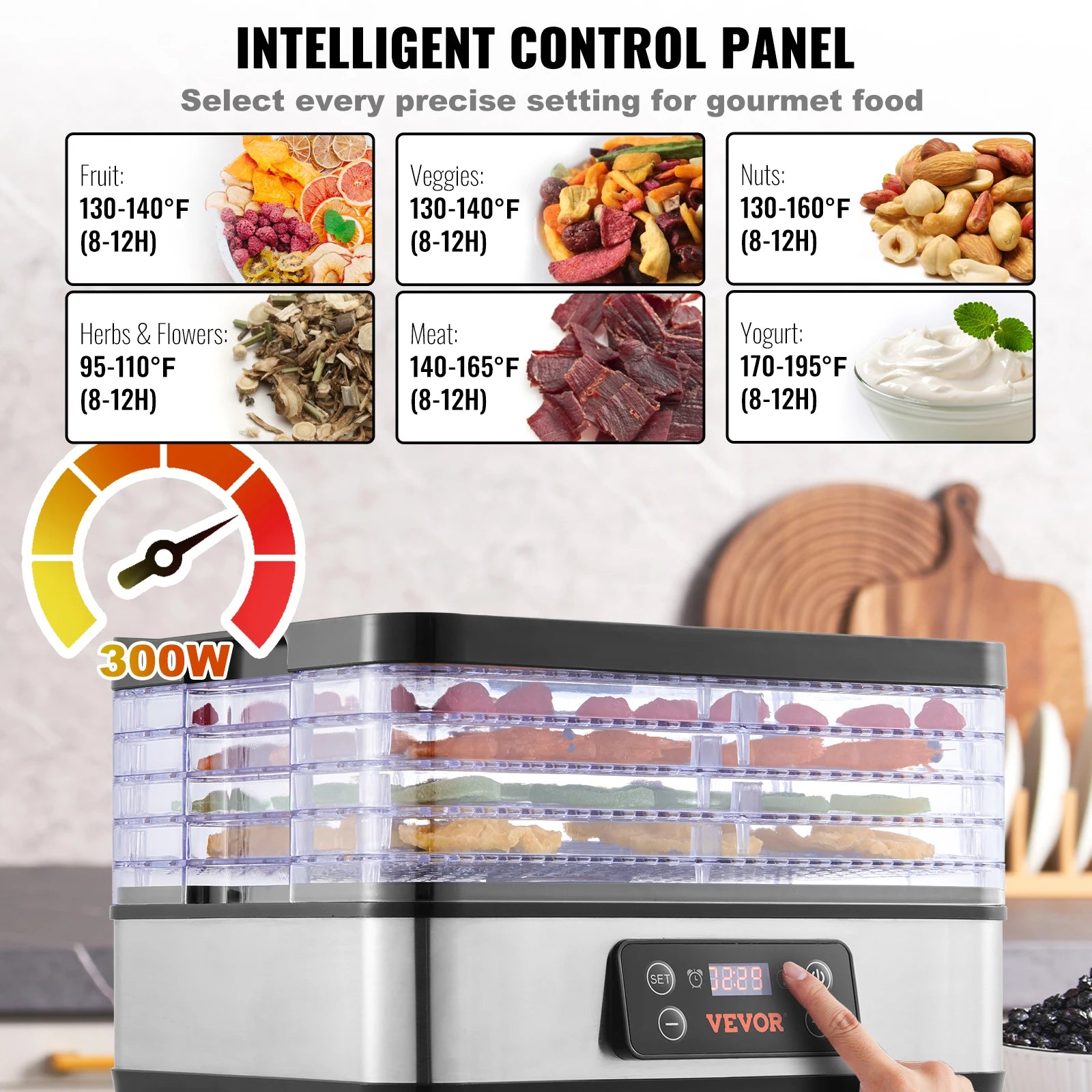5 Tray Food Dehydrator Machine 300W Stainless Steel Electric Food Dryer