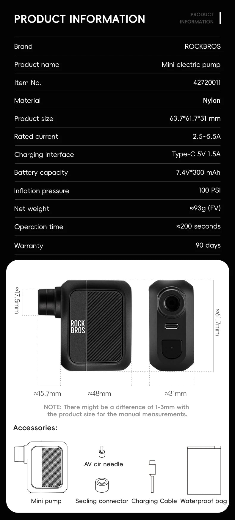 Mini Electric Pump 100PSI Air Inflator AV/FV Tire Inflation Portable Bicycle Pump