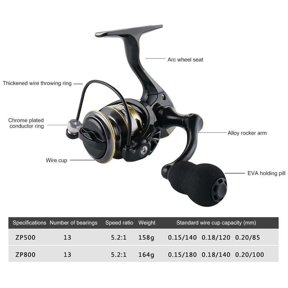 Ultra Lightweight Fishing Reel 13+1BB High Speed Gear Ratio 5.2:1 Mini Spinning Reel
