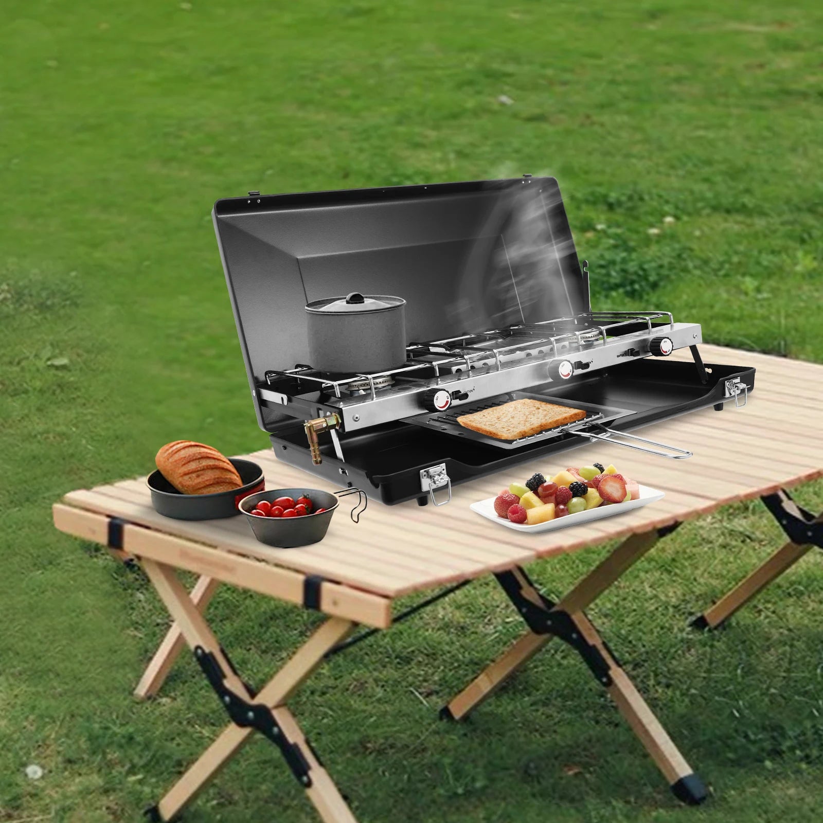 Portable Camping Stove with Griddle 3 Burner Propane Gas Stove