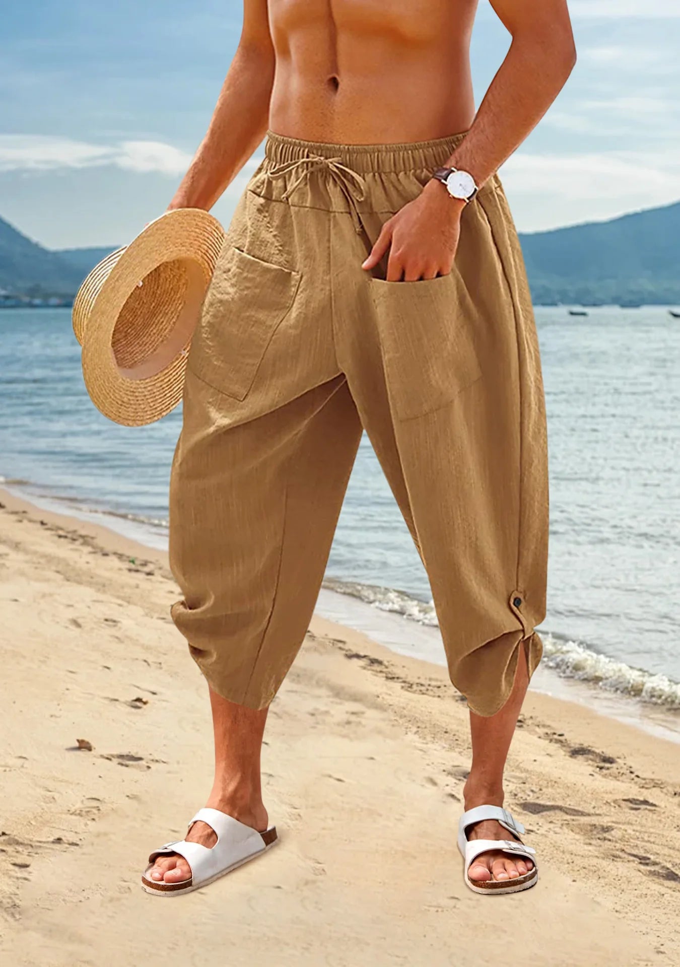 Loose Cotton  Pants Large Size Drawstring 3/4 Shorts Casual Beach Pants