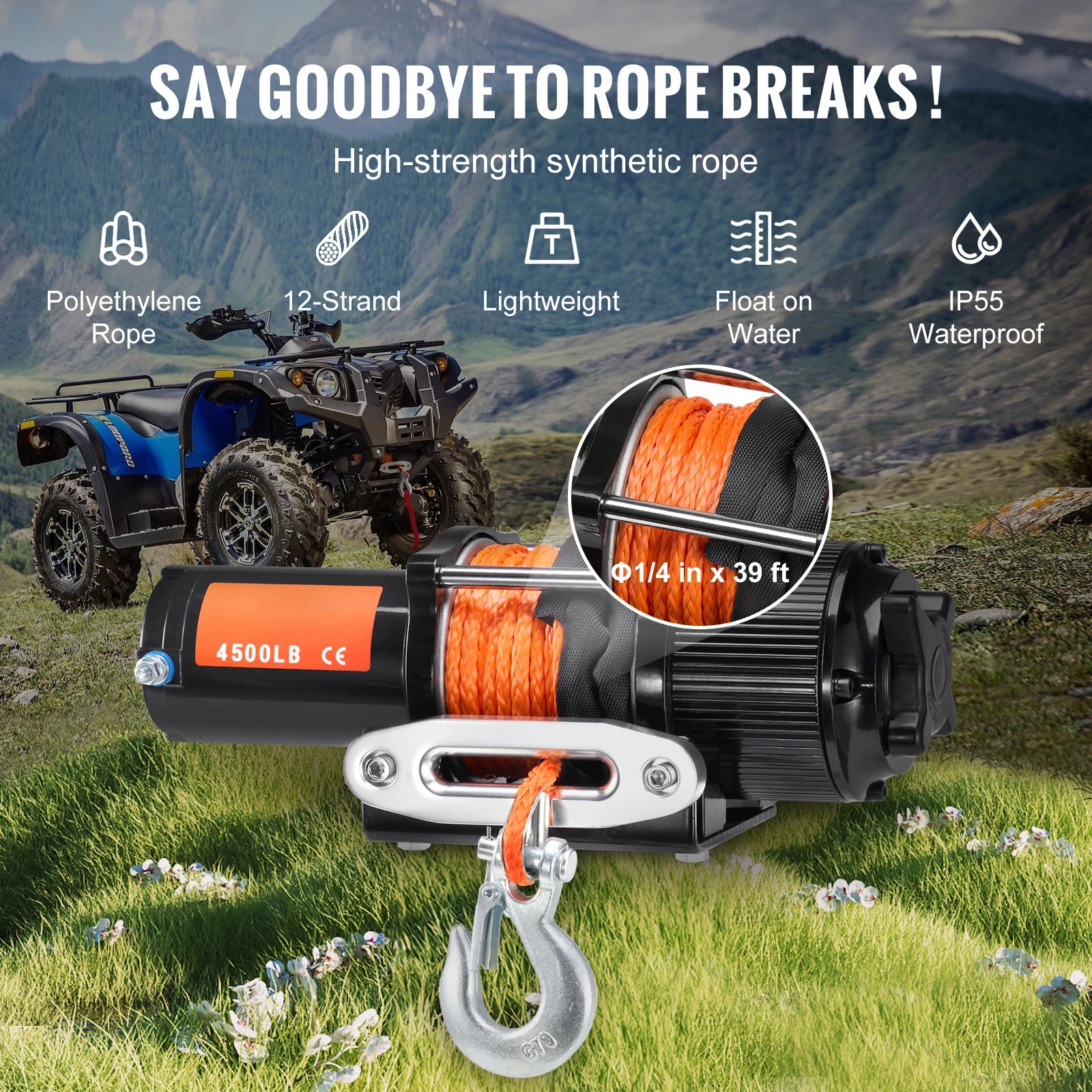 4500lbs ATV/UTV Electric Winch 12V with 39ft Synthetic Rope Wireless & Wired Remote Control