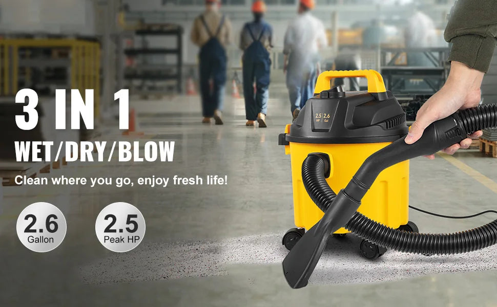 Wet Dry Vac 2.6 Gallon 2.5 Peak HP 3 in 1 Portable Shop Vacuum with Blowing Function