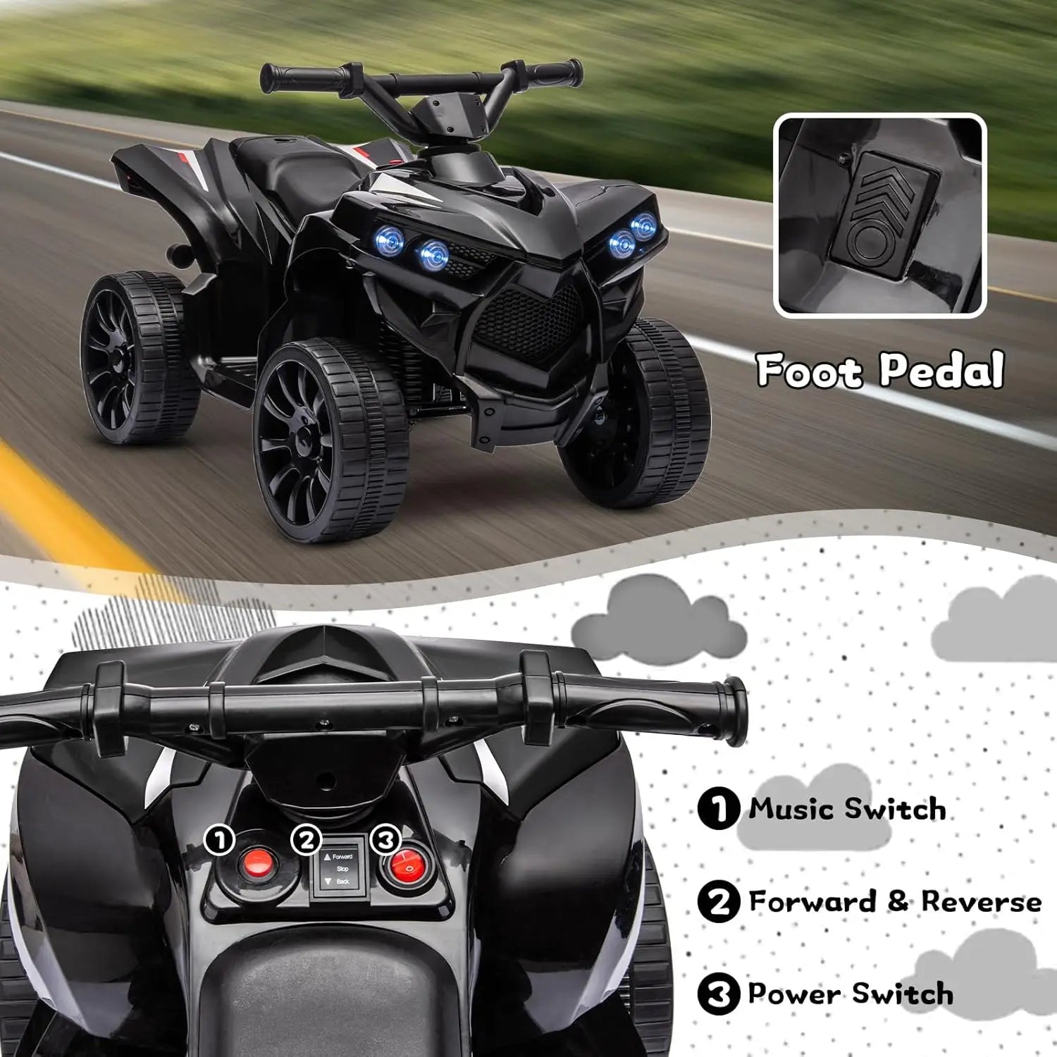 6V Ride on Toy, Kids ATV 4 Wheeler with 1.8MPH Max Speed, Music & Foot Pedal