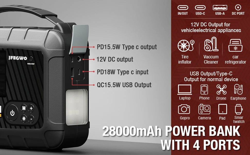 8000A Jump Starter 12V Car Battery Device, Portable Power Supply With Inflation Pump