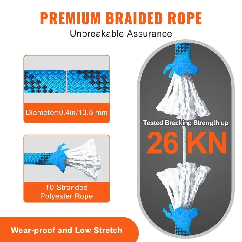 Static Climbing Rope, 64 ft Outdoor Rock Climbing Rope, 0.4'' /10mm High Strength