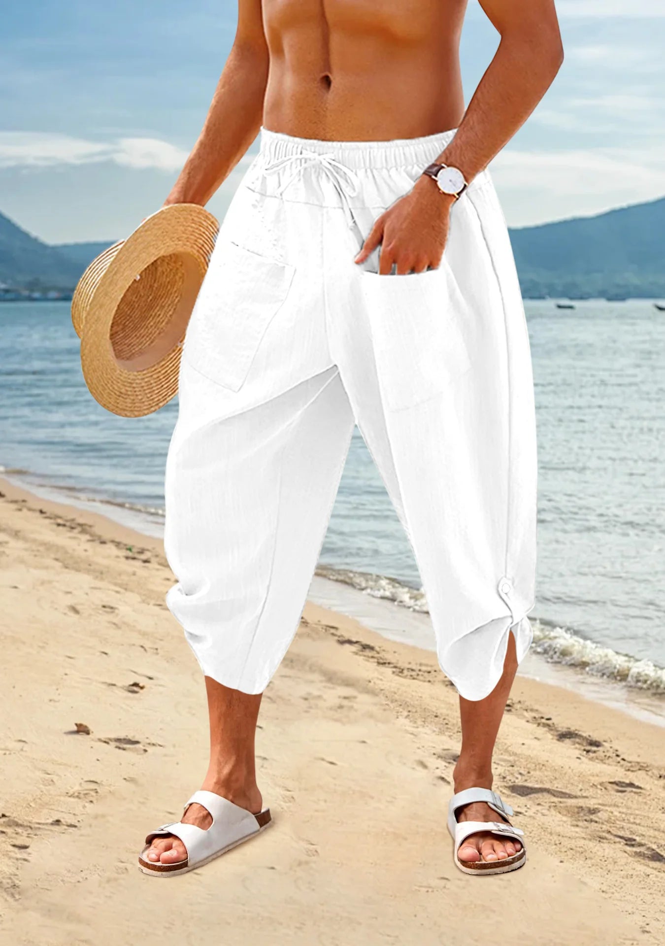 Loose Cotton  Pants Large Size Drawstring 3/4 Shorts Casual Beach Pants