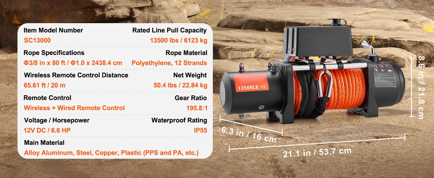 13500lbs Electric Winch Truck Winch with 80ft Synthetic Rope Wireless & Wired Remote Control