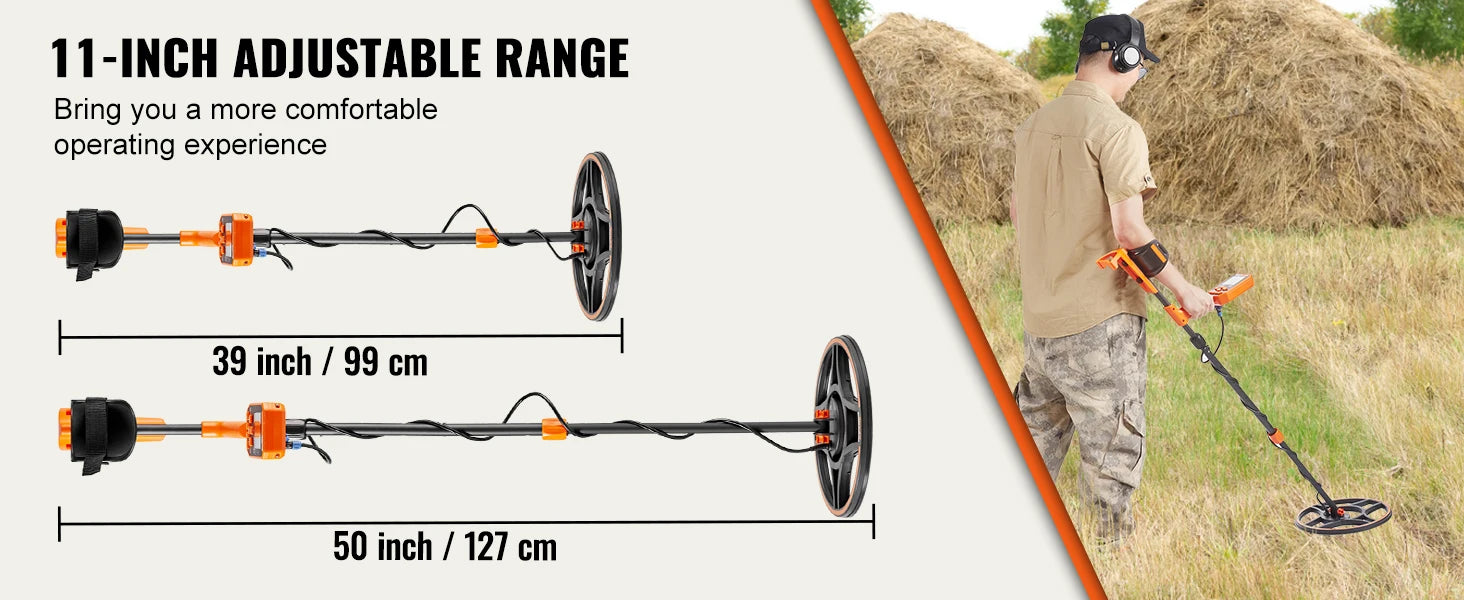 Rechargeable Metal Detector 12" IP68 Waterproof Coil 39-50 in Adjustable + LCD 7Modes