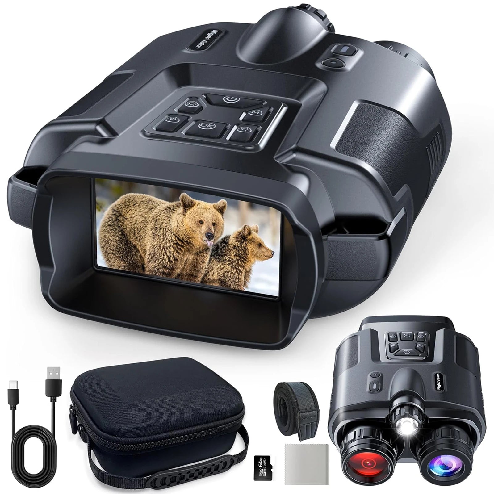 4K Night Vision Binoculars 32GB Infrared Night Vision Goggles 3” Large Screen 8X Digital Zoom Tactical Light for Camping Hunting