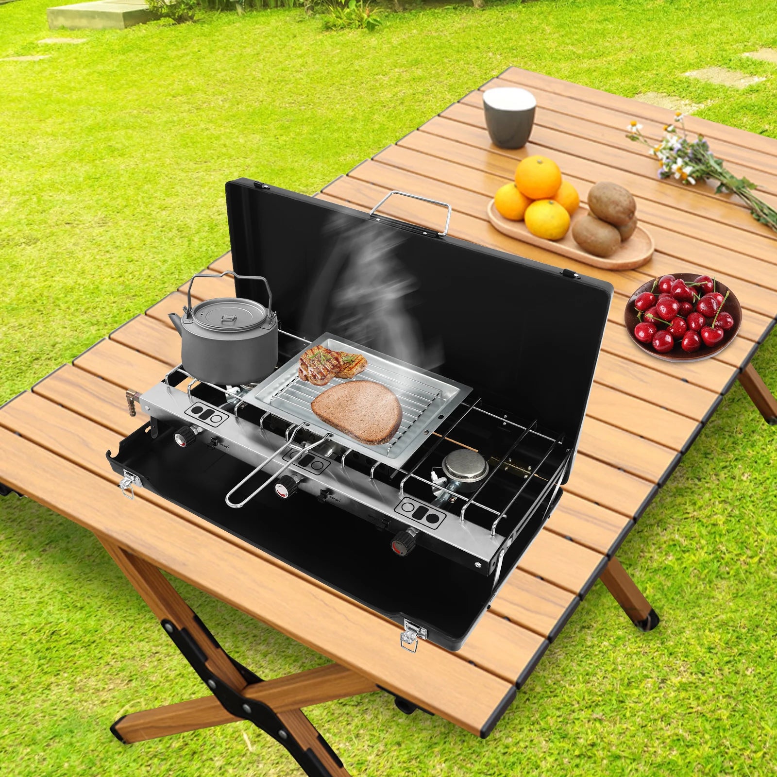 Portable Camping Stove with Griddle 3 Burner Propane Gas Stove