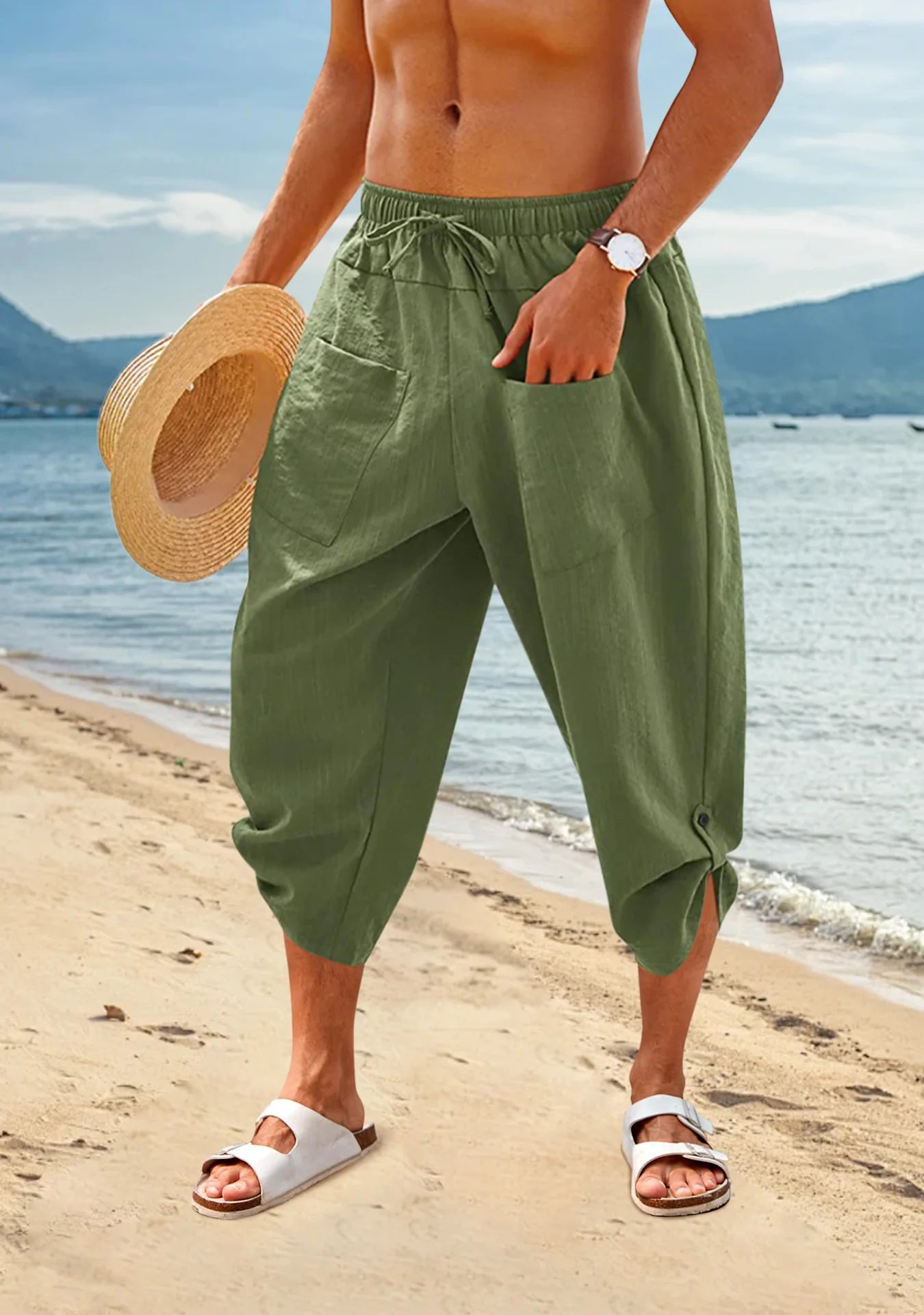 Loose Cotton  Pants Large Size Drawstring 3/4 Shorts Casual Beach Pants