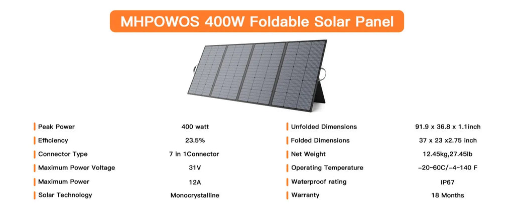 MHPOWOS 400W Portable Solar Panel, Lightweight Foldable Solar Panels with an Adjustable Kickstand, IP67 Waterproof Solar Charger