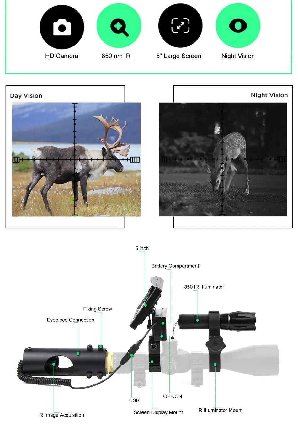 Night Vision Riflescope Hunting Scopes 850nm Infrared LED IR Waterproof Night Vision Hunting Camera