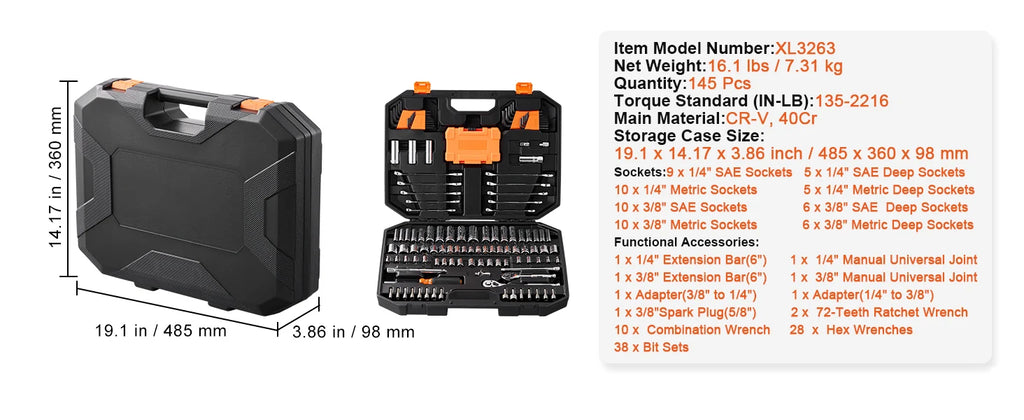 Mechanics Tool Set and Socket Set 1/4" 3/8" 1/2" Drive Deep Standard Sockets 450 Pcs