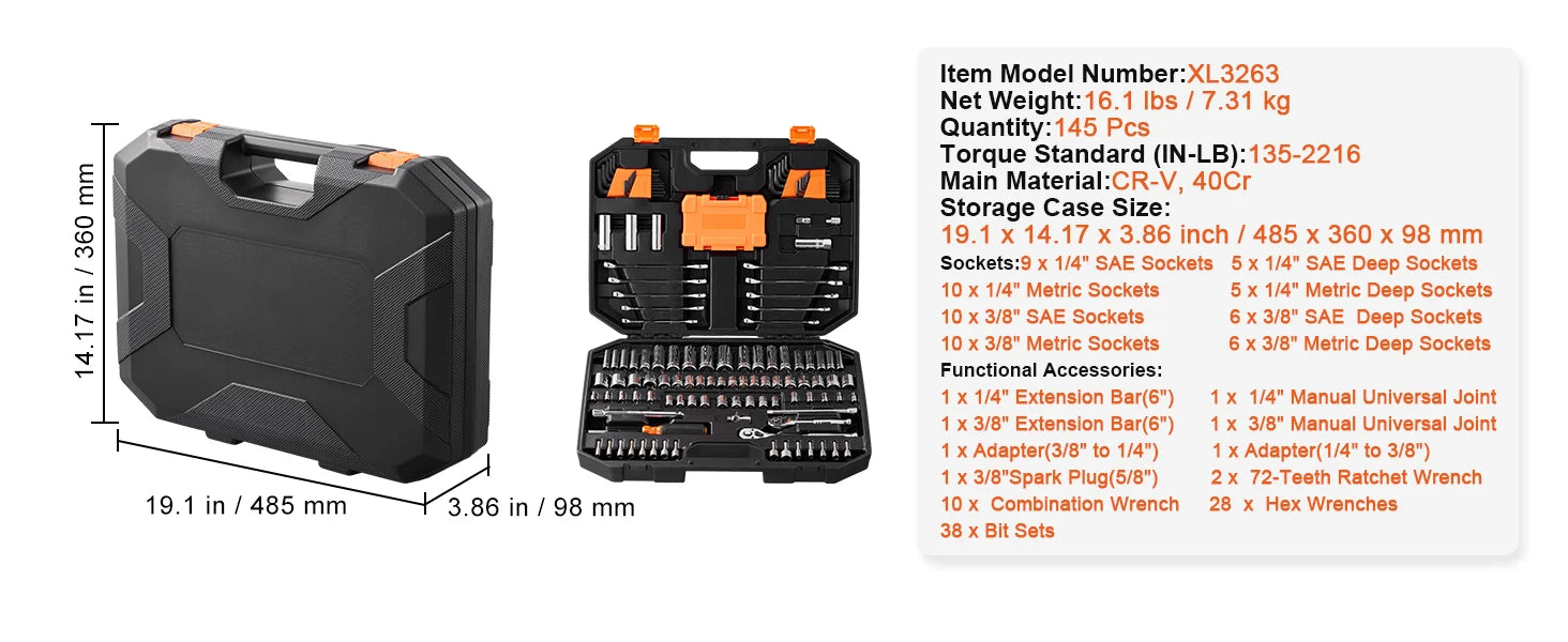 Mechanics Tool Set and Socket Set 1/4" 3/8" 1/2" Drive Deep Standard Sockets 450 Pcs