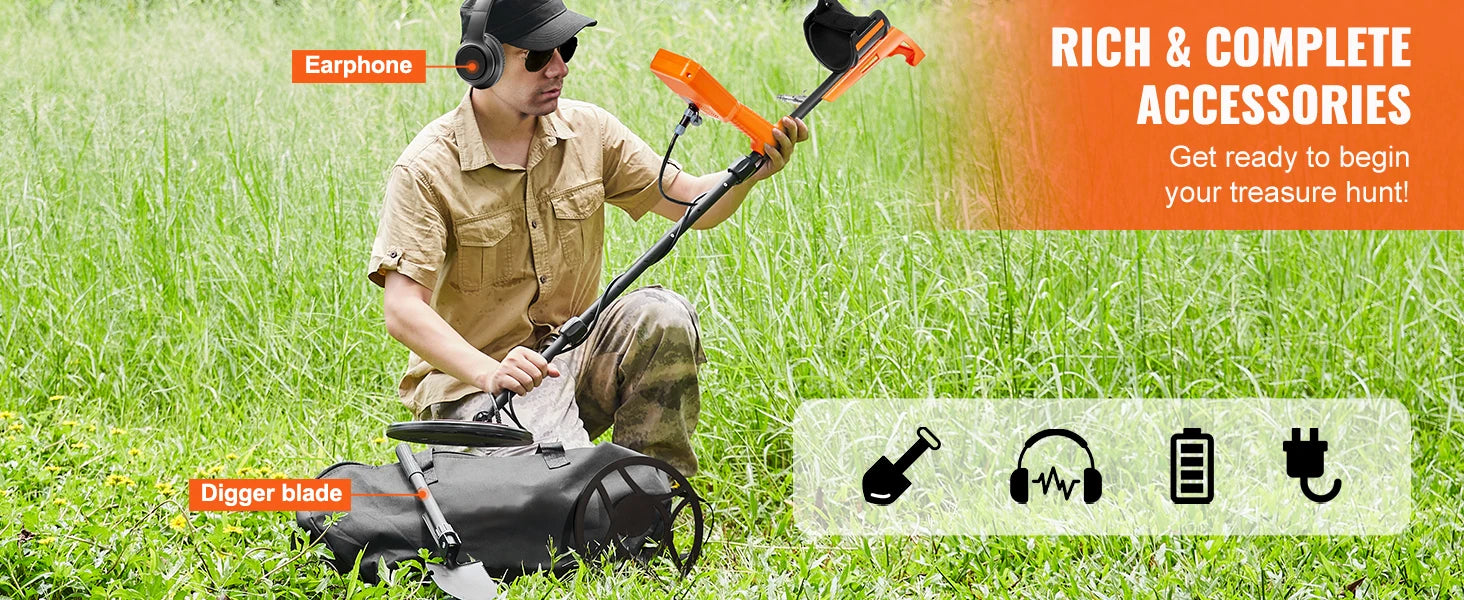 Rechargeable Metal Detector 12" IP68 Waterproof Coil 39-50 in Adjustable + LCD 7Modes
