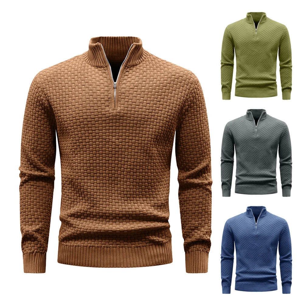 Men's Sweater  Polo Zip Pullover Cable Knit Mock Neck Turtleneck Top US Size