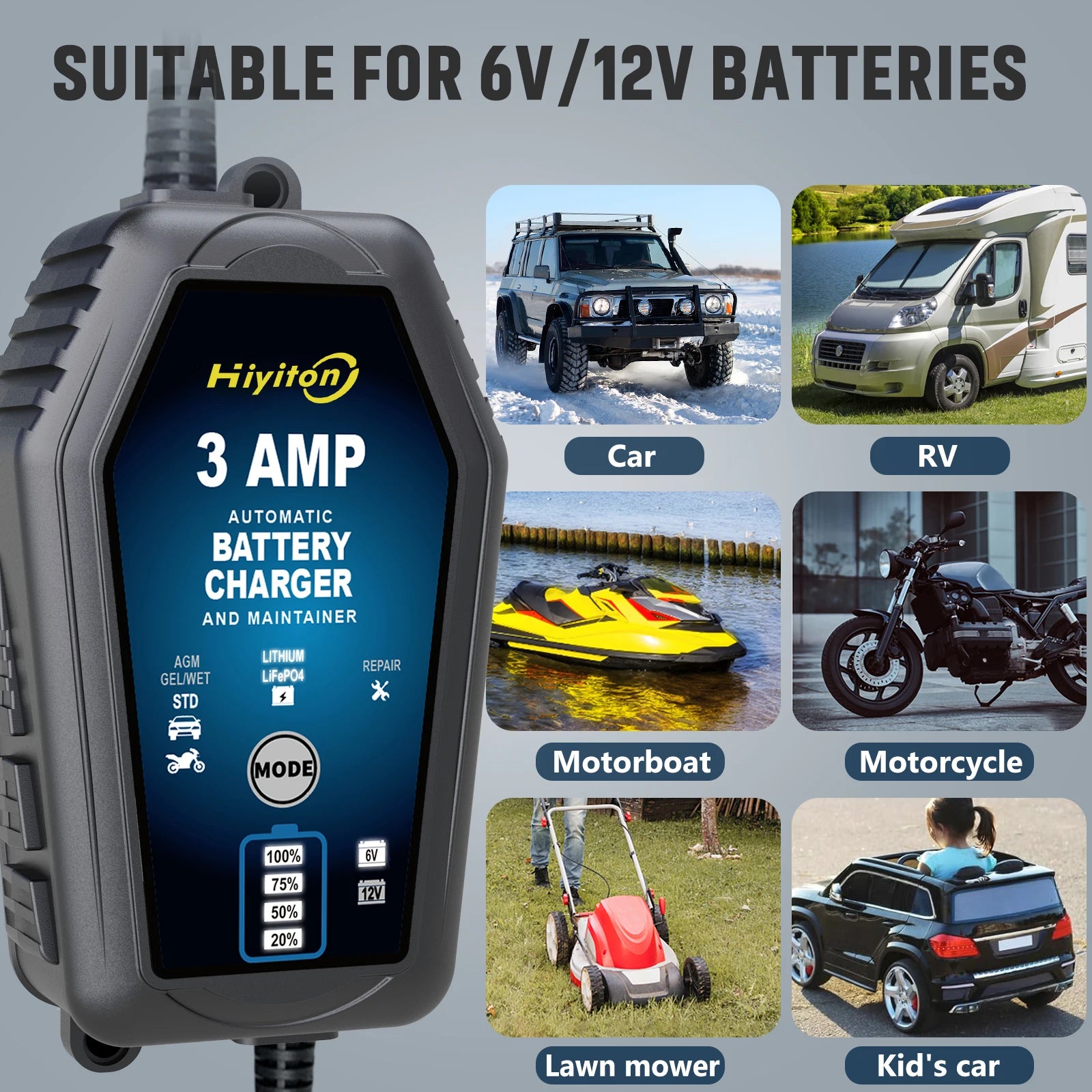 6V 12V 3000mA Car Smart Battery Charger
