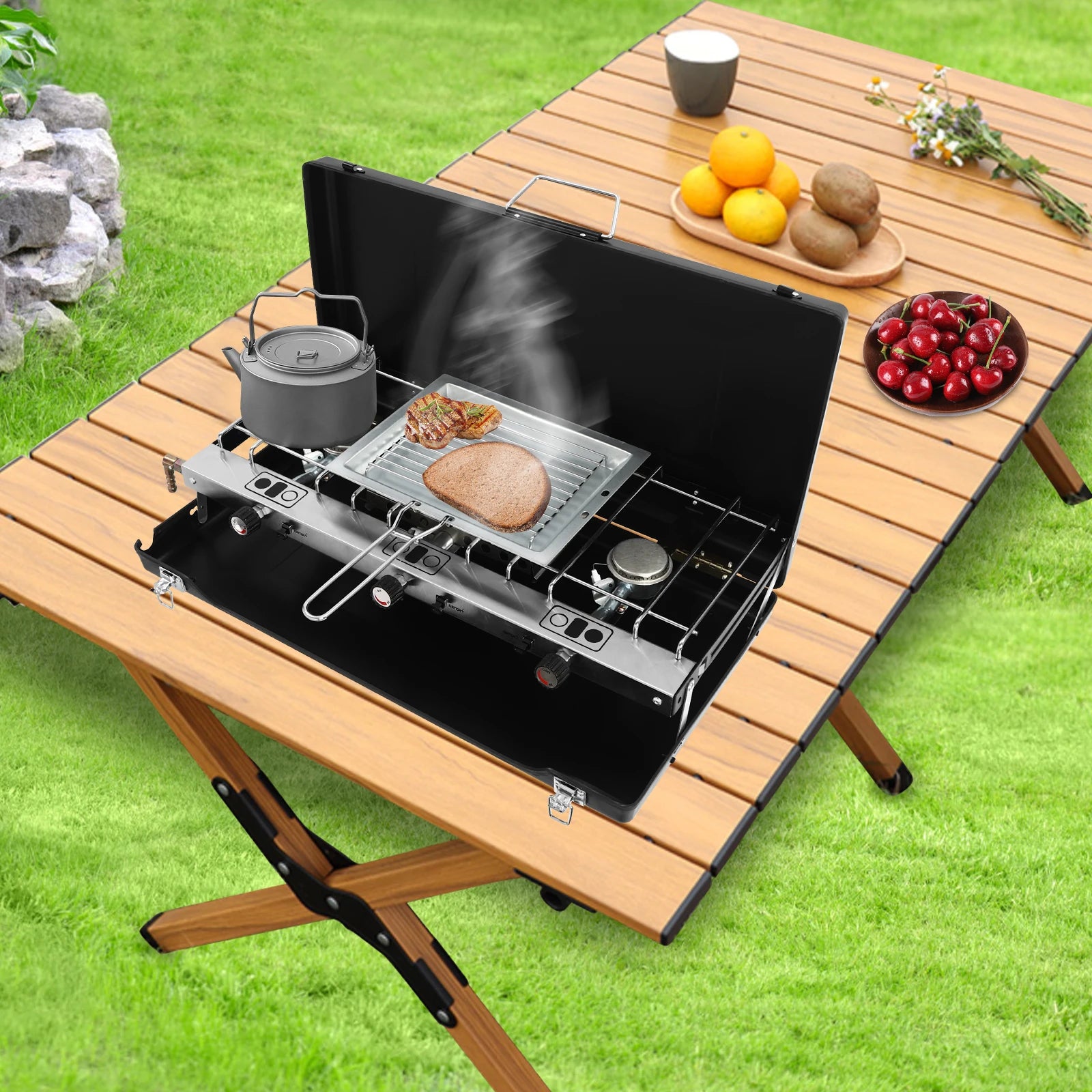 Portable Camping Stove with Griddle 3 Burner Propane Gas Stove