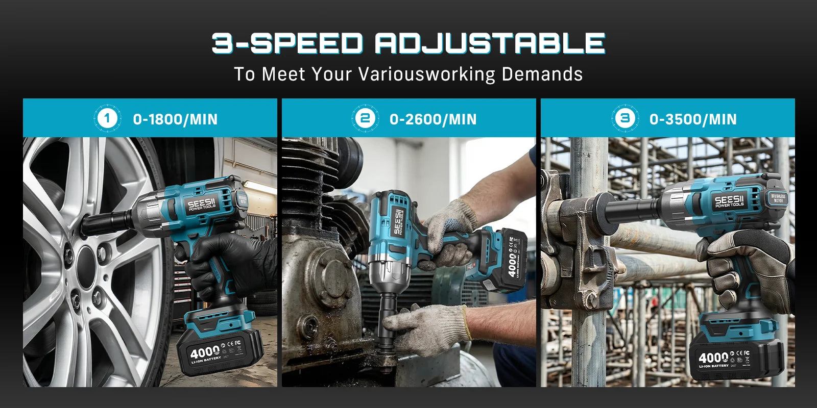 1300N.m Cordless Impact Wrench Brushless Motor 3-in-1 Electric Impact