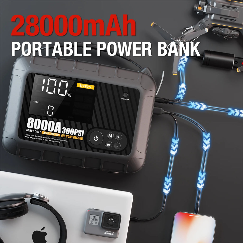8000A Jump Starter 12V Car Battery Device, Portable Power Supply With Inflation Pump