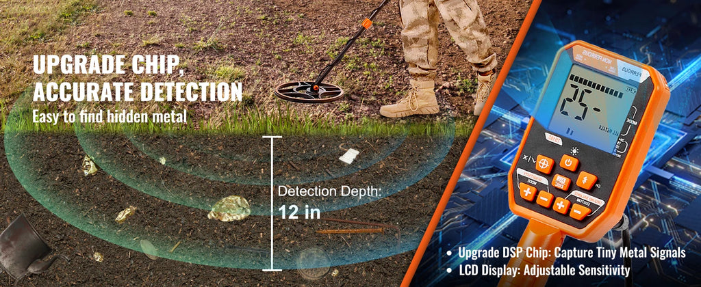 Rechargeable Metal Detector 12" IP68 Waterproof Coil 39-50 in Adjustable + LCD 7Modes