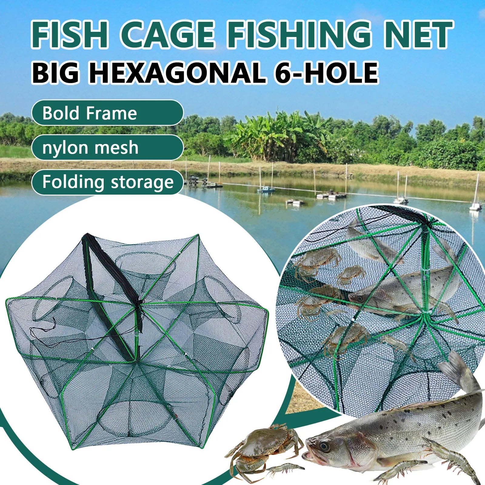 Folding fish cage trap fishing tool kit fish shrimp crayfish crab fishing net nylon material