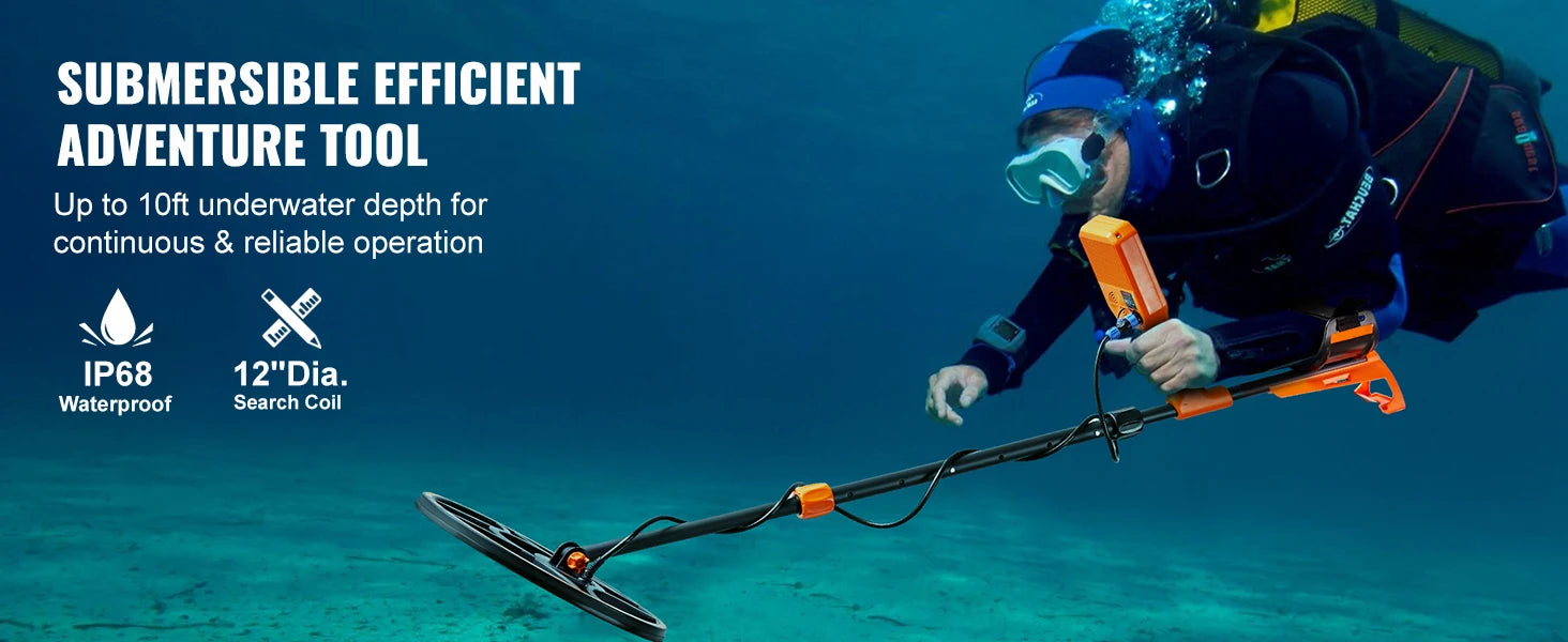 Rechargeable Metal Detector 12" IP68 Waterproof Coil 39-50 in Adjustable + LCD 7Modes