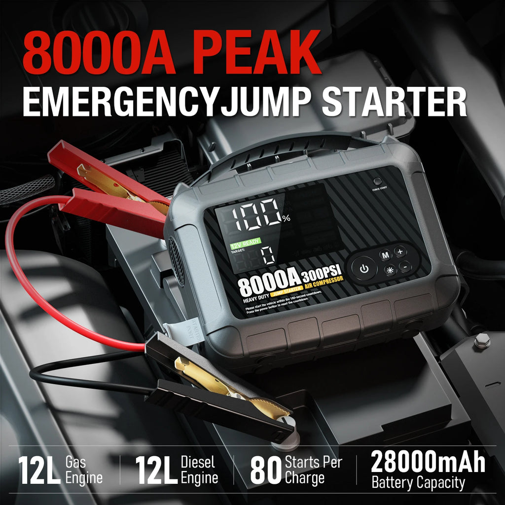 8000A Jump Starter 12V Car Battery Device, Portable Power Supply With Inflation Pump