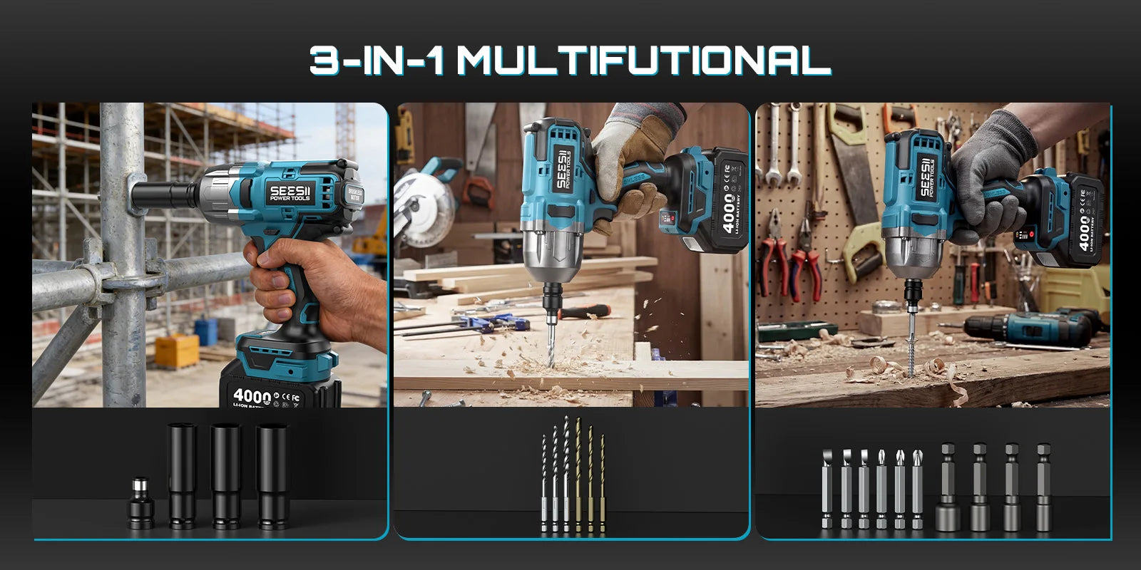 1300N.m Cordless Impact Wrench Brushless Motor 3-in-1 Electric Impact