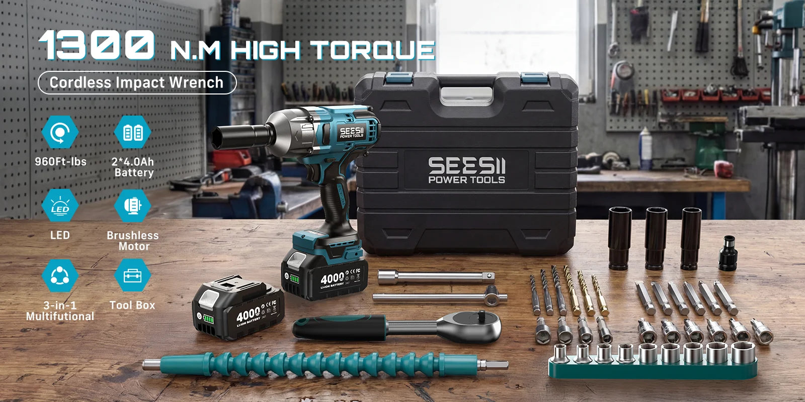 1300N.m Cordless Impact Wrench Brushless Motor 3-in-1 Electric Impact