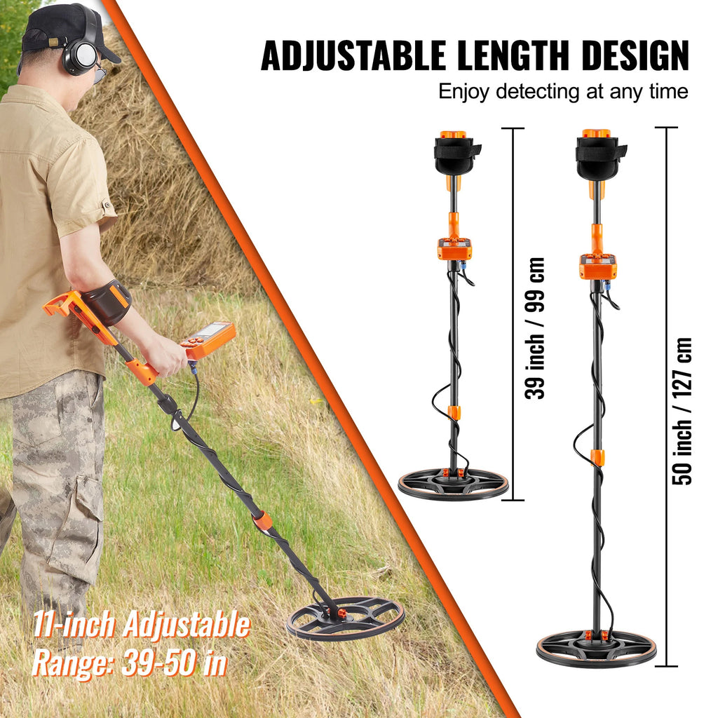 Rechargeable Metal Detector 12" IP68 Waterproof Coil 39-50 in Adjustable + LCD 7Modes