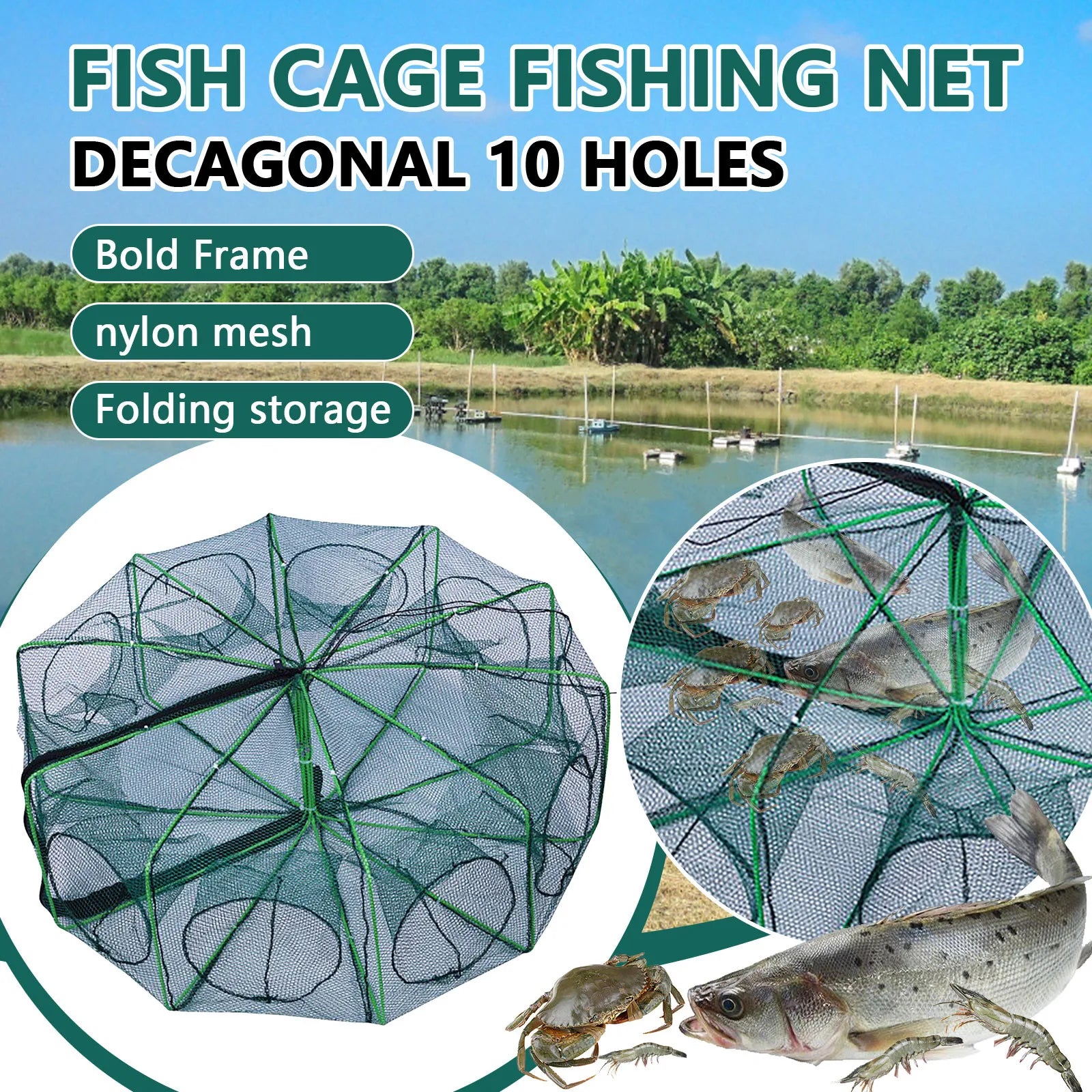 Folding fish cage trap fishing tool kit fish shrimp crayfish crab fishing net nylon material