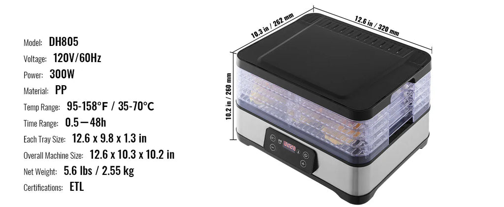 5 Tray Food Dehydrator Machine 300W Stainless Steel Electric Food Dryer