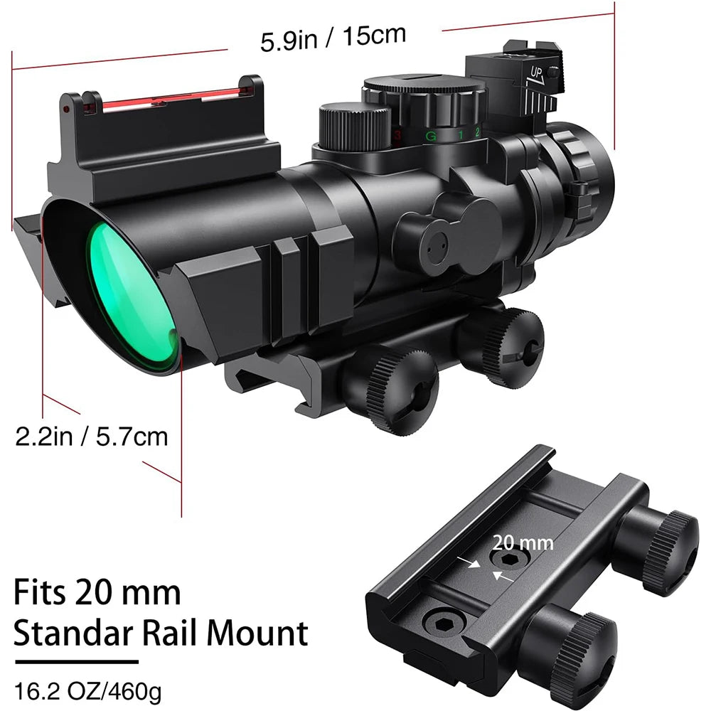 4x32 Tactical Scope with Fiber Optic illuminated Reticle with 20 mm Picatinny Rail
