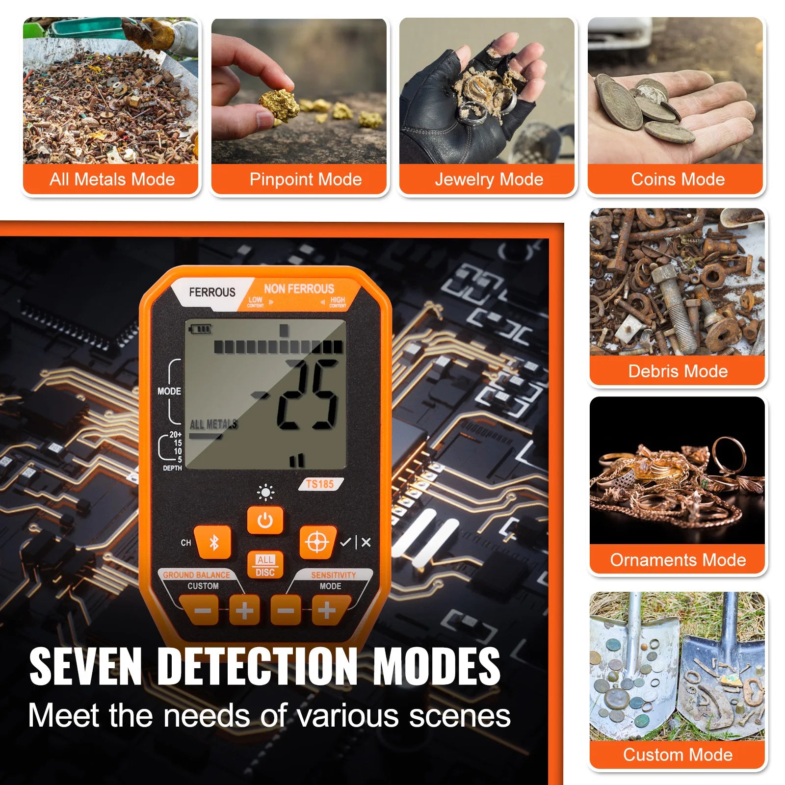 Rechargeable Metal Detector 12" IP68 Waterproof Coil 39-50 in Adjustable + LCD 7Modes