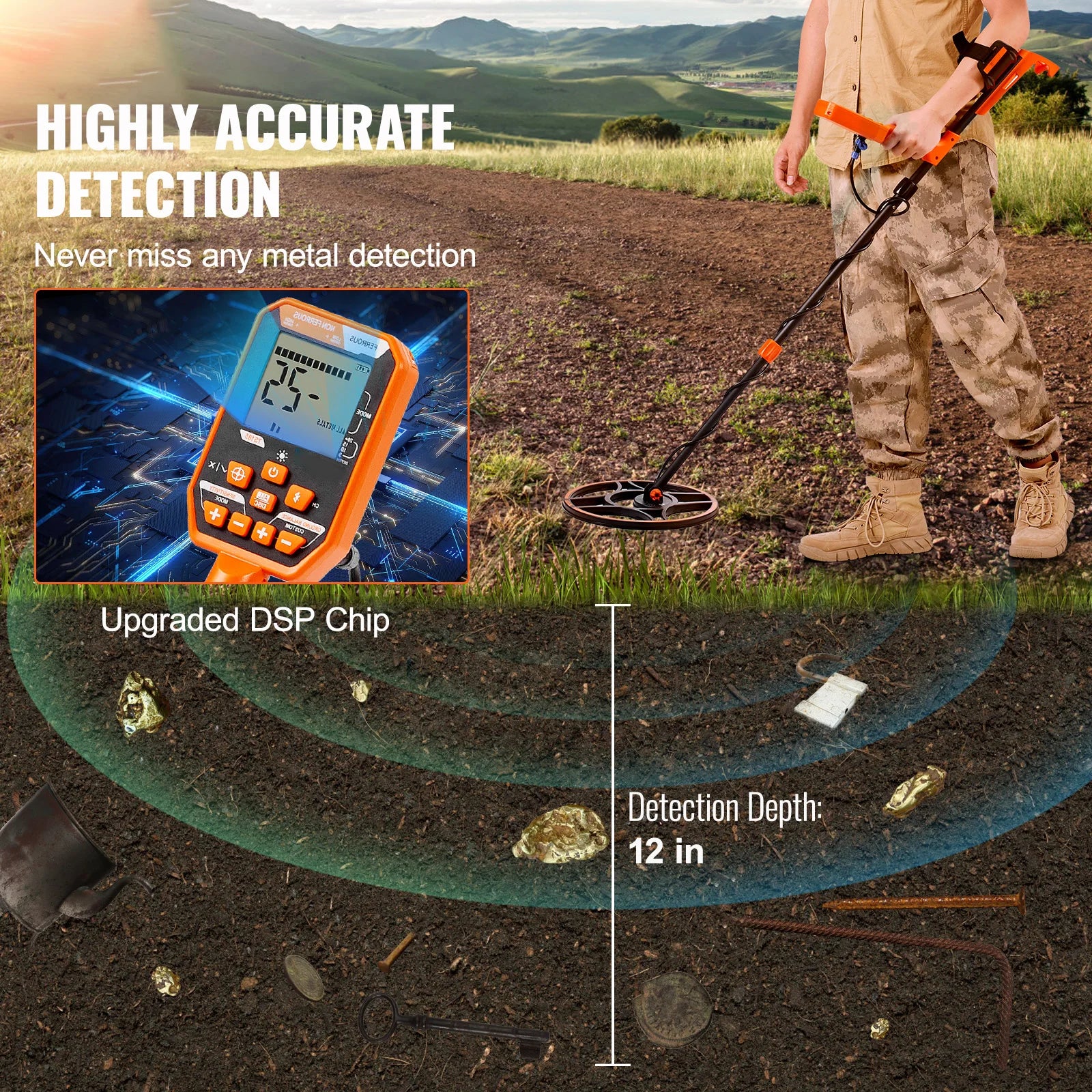 Rechargeable Metal Detector 12" IP68 Waterproof Coil 39-50 in Adjustable + LCD 7Modes
