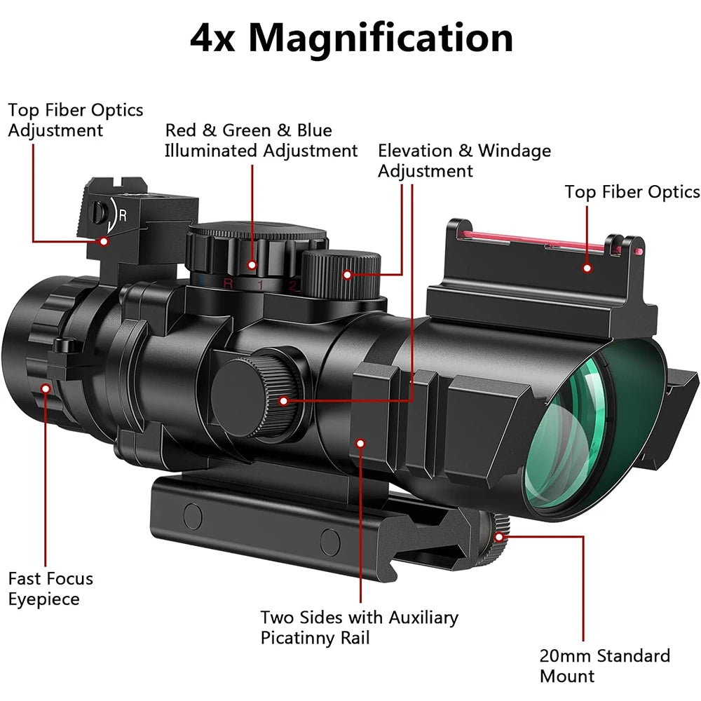 4x32 Tactical Scope with Fiber Optic illuminated Reticle with 20 mm Picatinny Rail