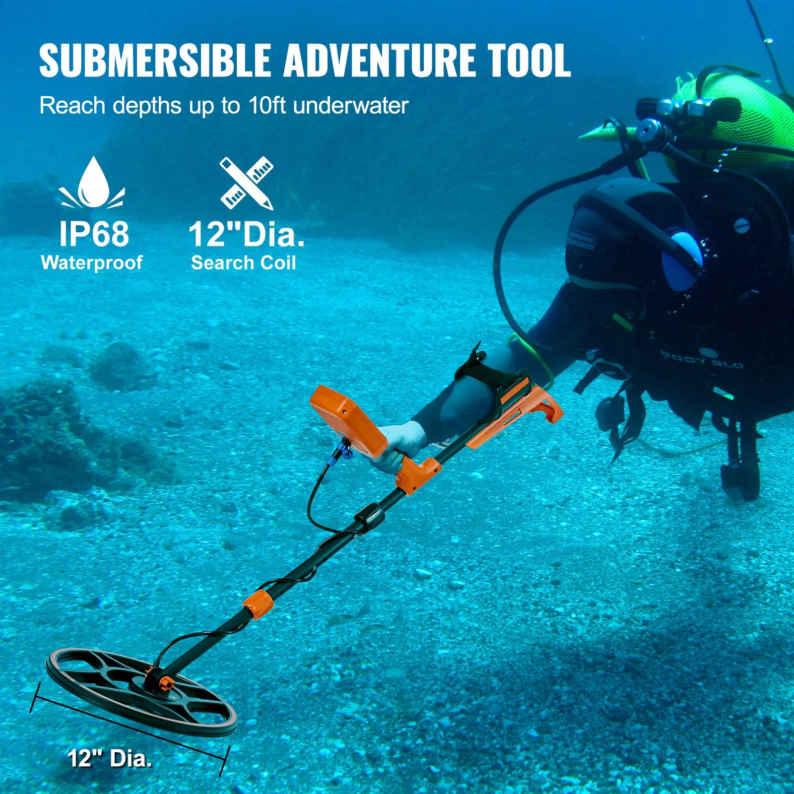 Rechargeable Metal Detector 12" IP68 Waterproof Coil 39-50 in Adjustable + LCD 7Modes