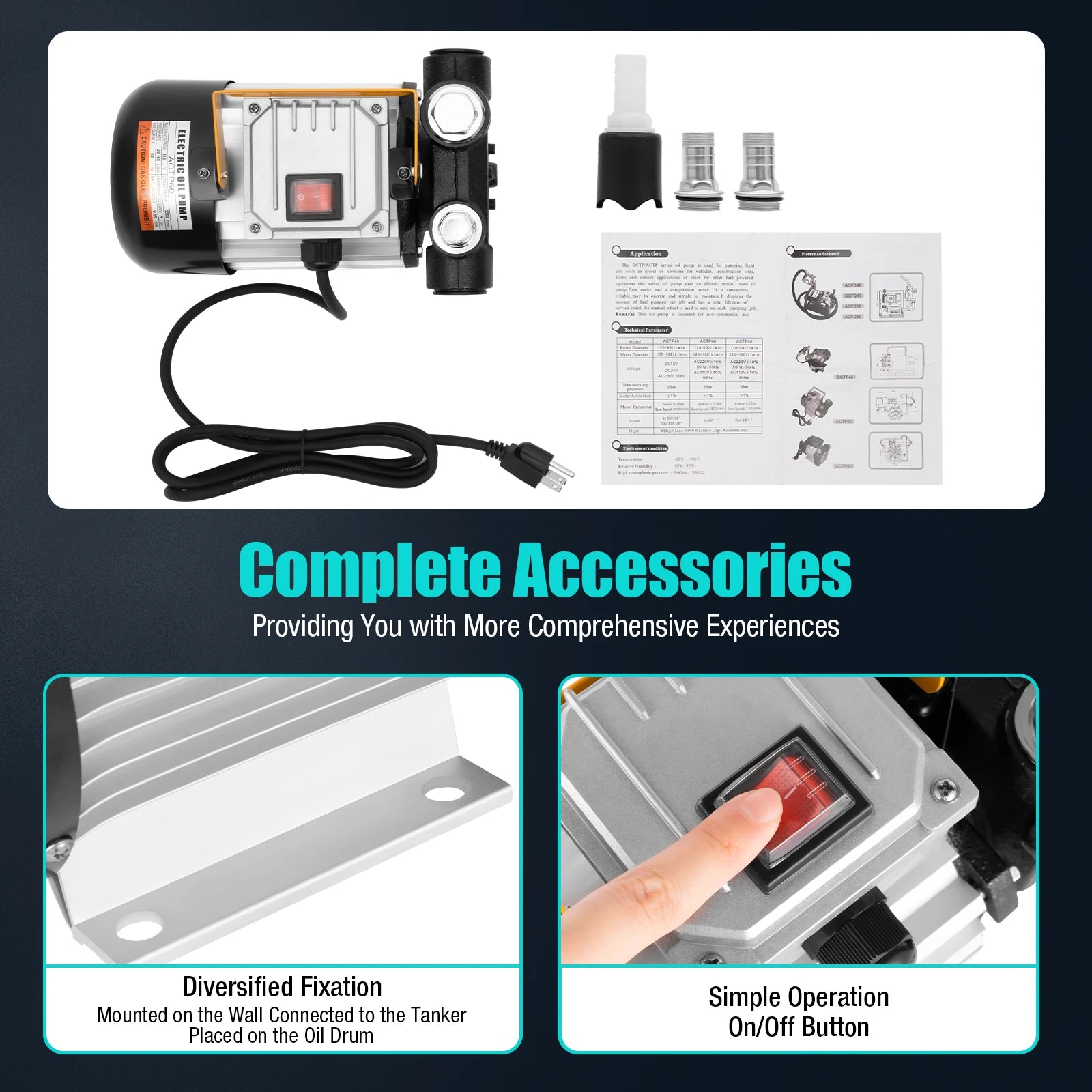 16GPM Commercial Electric Oil Pump Self Priming Transfer Fuel 60L/Min 110V 550W 30*20*20cm/ 11.8*7.9*7.9 In