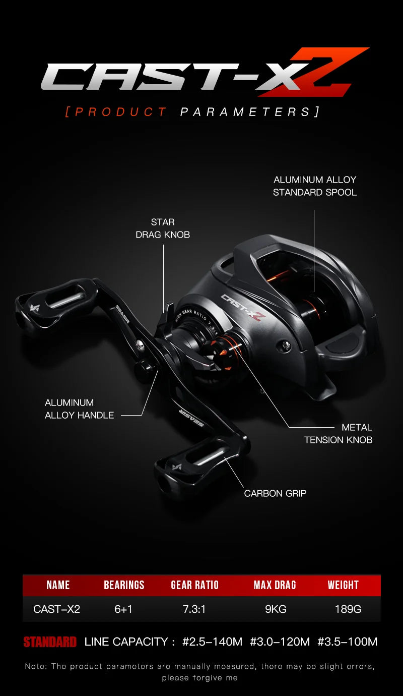Baitcasting Reel 7.3:1 Hybrid Ceramic Bearing Carbon Fiber Washer Dual Bearing