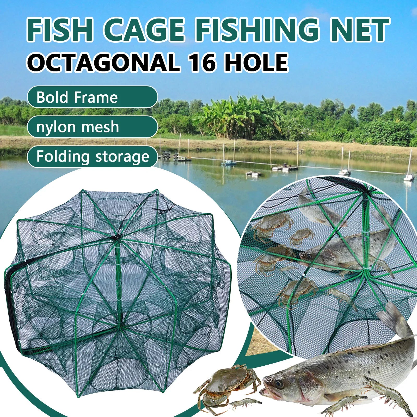 Folding fish cage trap fishing tool kit fish shrimp crayfish crab fishing net nylon material