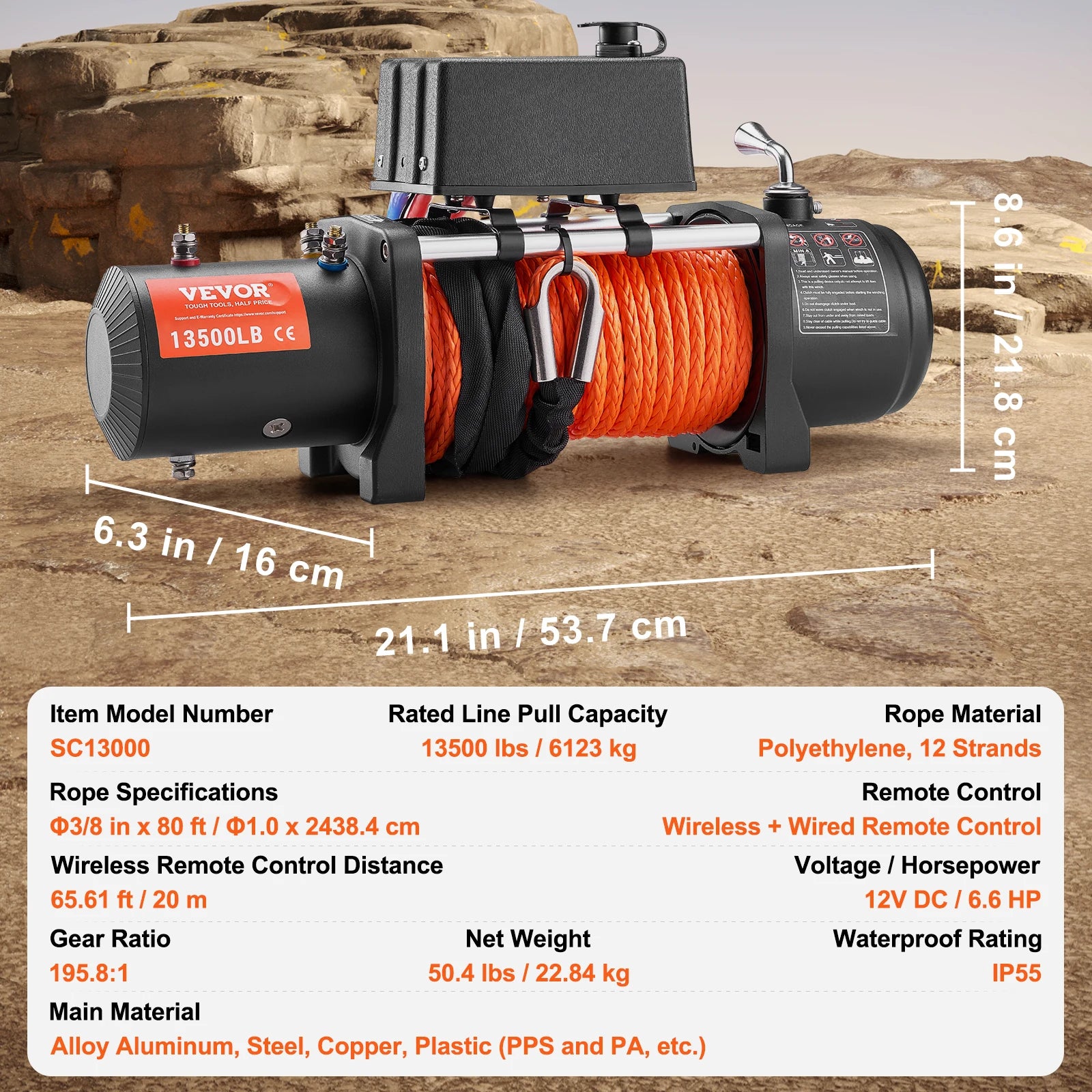 13500lbs Electric Winch Truck Winch with 80ft Synthetic Rope Wireless & Wired Remote Control