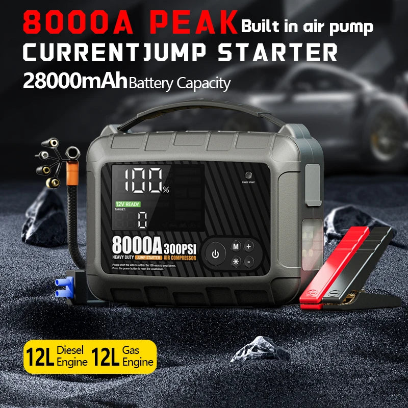 8000A Jump Starter 12V Car Battery Device, Portable Power Supply With Inflation Pump