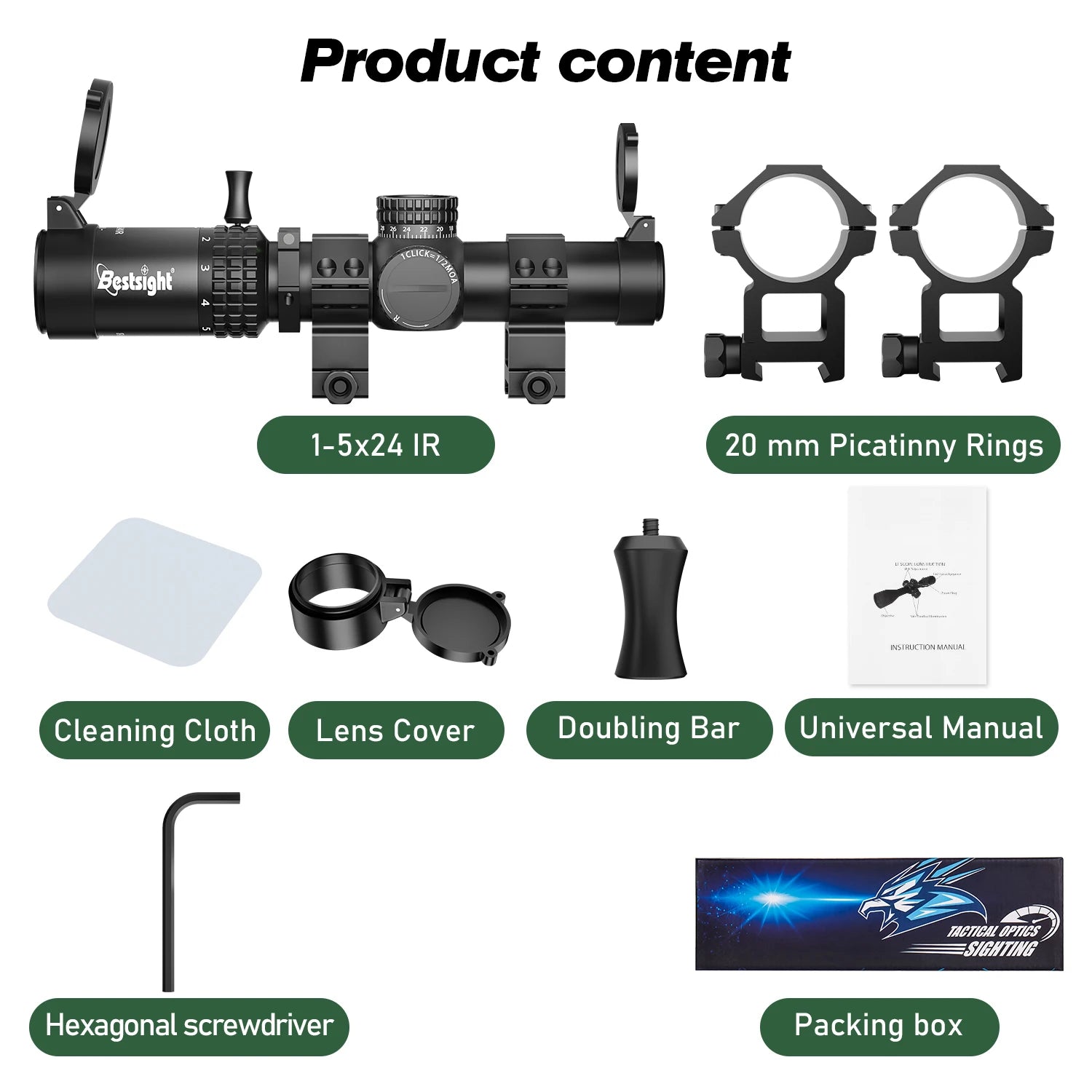 1-5X24 Tactical Optical Scope Red and Green Illuminated  Compact Scope Sight